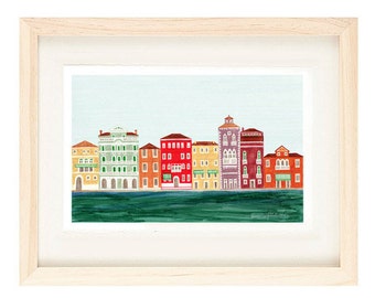 VENICE, ITALY - 5 x 7 Colorful Illustration Art Print, Venetian Architecture Italian Design, Canal, Red, Wall Decor