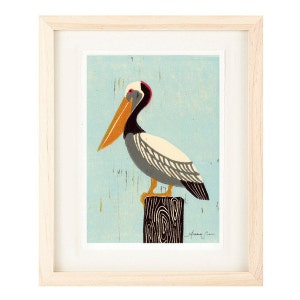 Impressão artística de reprodução de linogravura PELICAN: 4 x 6, 5 x 7