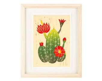 CLARET CUP CACTUS Desert Art Print: 4 x 6, 5 x 7,  Linocut Reproduction Giclee, Wall Art, Home Decor, Desert Boho Modern Art, Southwest