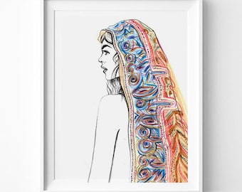 Bohemian Style, Fashion Illustration Art Print, Boho Girl Profile, Headscarf,  Moroccan Decor, Fashion Print, Pencil Drawing, Pastel Colors