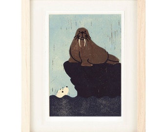 WALRUS AND SEAL Linocut Reproduction Art Print: 4 x 6, 5 x 7
