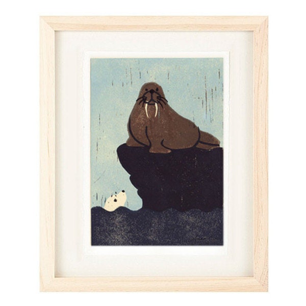 WALRUS AND SEAL Linocut Reproduction Art Print: 4 x 6, 5 x 7