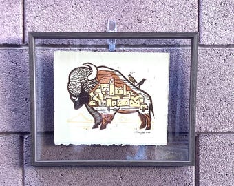 Framed Buffalo Art Handmade, "Where the Buffalo Roam" with Bird, Bison Hand-Carved Linocut Block Art Print, Western Art, Southwest Art, Boho