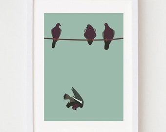 PIGEON Death Digital Illustration Minimal Art Print, Modern Contemporary Fine Art Reproduction: 8 x 10, 9 x 12, 11 x 14, 12 x 16, Wall Art