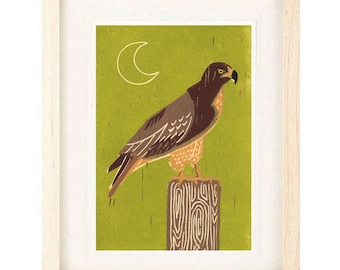 RED TAILED HAWK, American Hawk, Hikers Gift, Nature Bird Art Decor, Poster Size Linocut Reproduction Art Print: 8 x 10, 11 x 14, 12 x 16