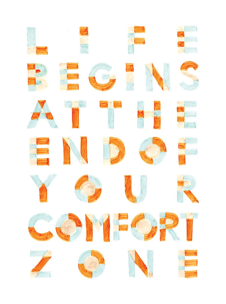 Life Begins At the End of Your Comfort Zone Handwritten Typography Inspirational Quote Oversized Poster, orange, blue, cream image 2