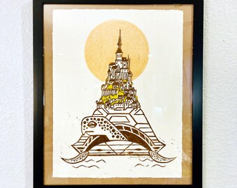 Castle Linocut Print, "The Turtle Only Moves Forward By Sticking Its Neck Out", Sleeping Beauty Castle Art Print, Tortoise, European Castle