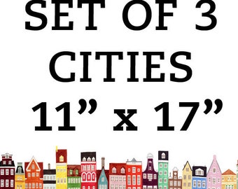 Ciudades 11 x 17 Set, Copenhague, Estocolmo, Amsterdam, Venecia, Boston, San Francisco, Brooklyn, NYC