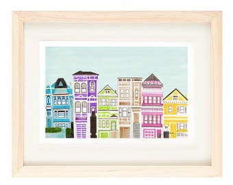 VICTORIAN HOUSES - Colorful Bright Large Illustration Artwork Print 8 x 10 or 11 x 17