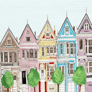 SAN FRANCISCO, CALIFORNIA Victorian Colorful Houses 8 x 10, 11 x 17 Painted Ladies Illustration Art Print, Wall Decor, Blue, Pink image 3