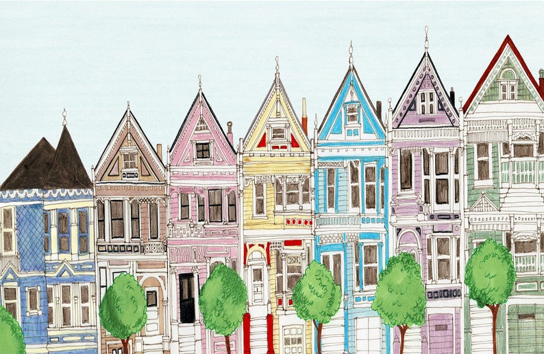 SAN FRANCISCO, CALIFORNIA Victorian Colorful Houses 8 x 10, 11 x 17 Painted Ladies Illustration Art Print, Wall Decor, Blue, Pink image 3