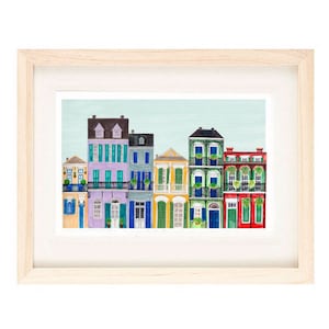 French Quarter, NEW ORLEANS, Louisiana - Colorful Row Houses, Balcony Buildings 4 x 6, 5 x 7 Illustration Art Print, Home Decor, Wall Art