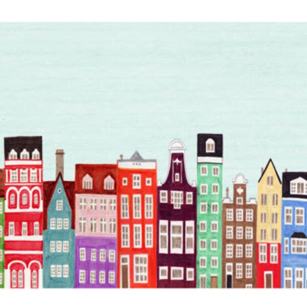 Combined Colorful European Buildings Skyline Mega Illustration Fine Art Poster Print: Scandinavian, Copenhagen, Amsterdam, Venice, Stockholm