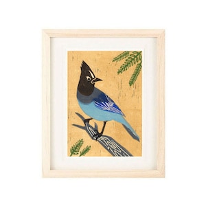 STELLER&#39;S JAY, Bluebird, Blue Jay, Wall Art Decor, Poster Size Linocut Reproduction Art Print: 8 x 10, 11 x 14, 12 x 16