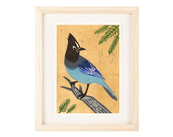 STELLER'S JAY, Bluebird, Blue Jay, Wall Art Decor, Poster Size Linocut Reproduction Art Print: 8 x 10, 11 x 14, 12 x 16