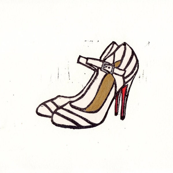 Christian Louboutin Mary Jane Round Toe chaussures linocut illustration de mode imprimé tiré