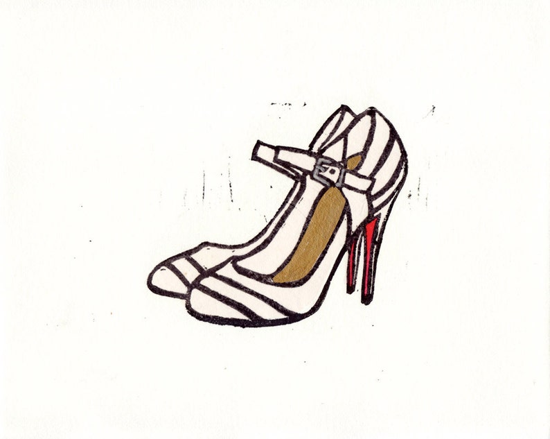 Christian Louboutin Mary Jane Round Toe shoes linocut fashion illustration hand pulled print image 1