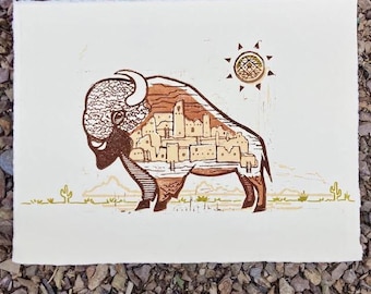 Home on the Range, Where the Buffalo Roam with Sun Linocut Print, American Bison Block Art Print, Desert Landscape, Southwest, Mesa Verde