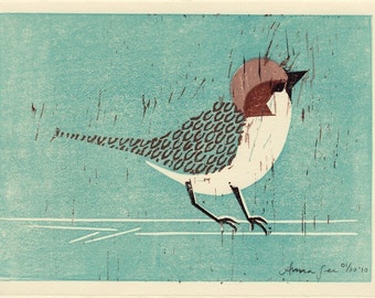 HOUSE SPARROW - Original Linocut Hand-Pulled Hand Carved Illustration Art Print 5 x 7, Oil Paint, Teal, Turquoise, Brown, Black