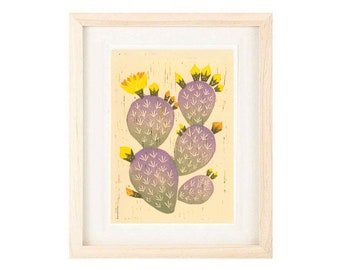 Purple PRICKLY PEAR CACTUS Art Print: 4 x 6, 5 x 7, Linocut Reproduction Giclee, Wall Art, Home Decor, Desert Boho Style Art, Trendy Art