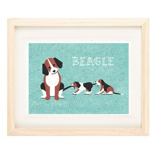 Beagle, Dog Breed, Dog Lover, Dog Art Print, Illustration Print, Brown and Blue, Beagle Puppy Family, Wall Art, Home Decor, Dog Lover&#39;s Gift