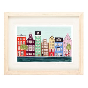 AMSTERDAM CANAL, NETHERLANDS - 4 x 6 or 5 x 7 Scandinavian Illustration Art Print, Canal, Trees, Childrens Room, Kid Decor, Nursery