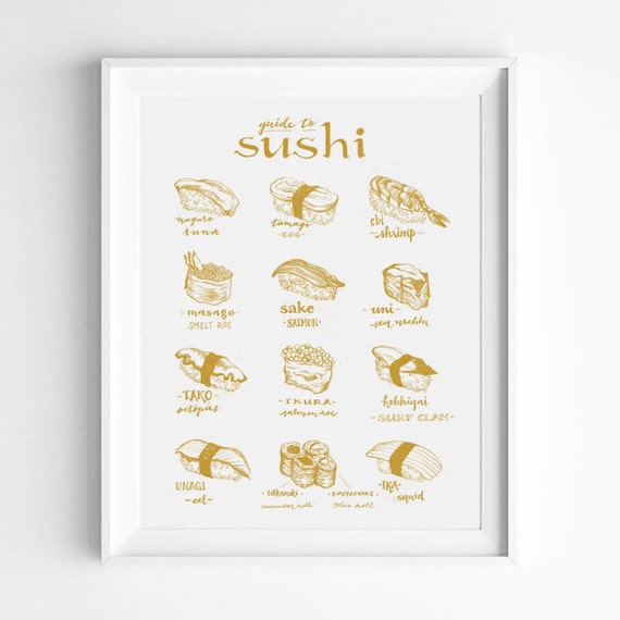 White and Gold Sushi Lovers Gift Sushi Guide Illustration Etsy