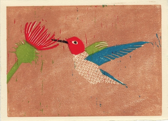 ANNA'S HUMMINGBIRD - Original Linocut Illustration Wall Decor Art Print 5 x 7, Red, Blue, Green, Wall Decor