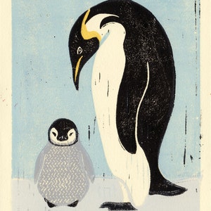 PENGUINS Original Hand-Pulled Linocut Block Art Print, 5 x 7, Mother And Child, Arctic, Blue, Black, Wall Decor image 2