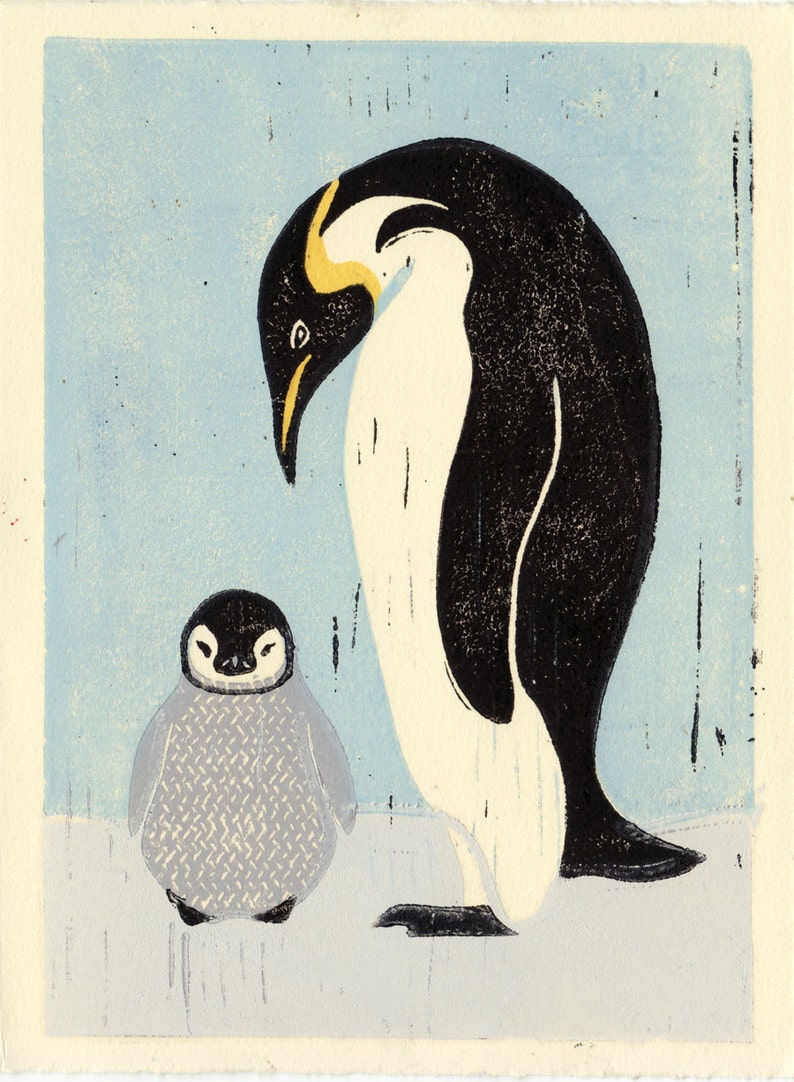 PENGUINS Original Hand-Pulled Linocut Block Art Print, 5 x 7, Mother And Child, Arctic, Blue, Black, Wall Decor image 2