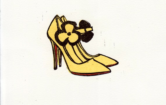 Christian Louboutin Mary Jane Daisy shoes linocut fashion illustration block print