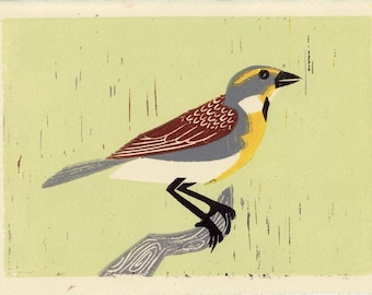 DICKCISSEL - Original Hand-Pulled Linocut Illustration Block Print 5 x 7, Green, Yellow, Brown, Bird, Nature