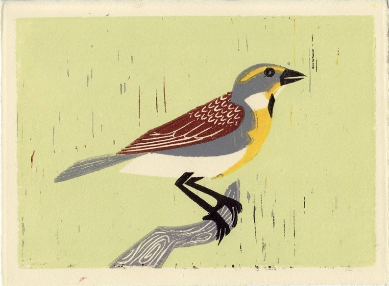 DICKCISSEL Original Hand-Pulled Linocut Illustration Block Print 5 x 7, Green, Yellow, Brown, Bird, Nature image 1