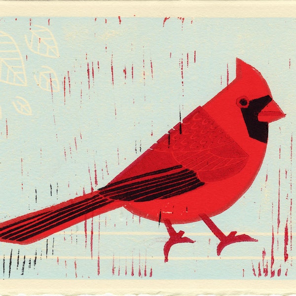 CARDINAL - Original Hand-Carved Linocut Illustration Art Print 5 x7, Red, Bird, Nature