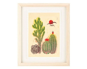 BARREL CACTUS Tumbleweed Art Print: 4 x 6, 5 x 7,  Linocut Reproduction Giclee, Wall Art, Home Decor, Desert Boho Style, Southwest Style Art
