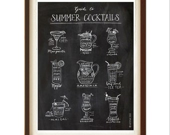 Summer Cocktails Guide, Drinks Recipes, Calligraphy, Margarita, Pina Colada, Sangria, Tequila Sunrise, Illustration Art Print, Poster Art