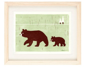 BEARS Linocut Reproduction Art Print: 4 x 6, 5 x 7