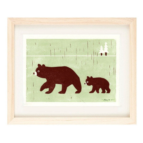 BEARS Linocut Reproduction Art Print: 4 x 6, 5 x 7