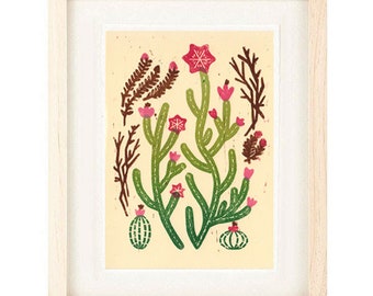 CACTUS FLORALS PATTERN Poster Size Linocut Reproduction Art Print: 8 x 10, 9 x 12, 11 x 14, 12 x 16