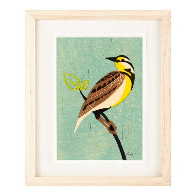 MEADOW LARK Bird Original Hand-Pulled Linocut Art Print 5 x 7, Blue, Turquoise, Aqua, Yellow, Brown, Black, Blue and Brown, Shabby Chic image 2