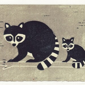 RACCOONS Poster Size Linocut Reproduction Art Print: 8 x 10, 9 x 12, 11 x 14, 12 x 16 image 2