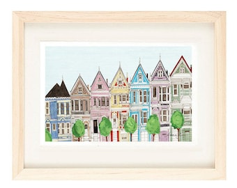 SAN FRANCISCO, KALIFORNIA - 5 x 7 Kolorowy Druk Ilustracyjny, Malowane Panie, Wiktoriańskie Domy, Niebieski, Żółty, Różowy, Wystrój Ścienny