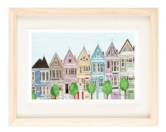 SAN FRANCISCO, CALIFORNIA - 5 x 7 Colorful Illustration Art Print, Painted Ladies, Victorian Houses, Blue, Yellow, Pink, Wall Decor