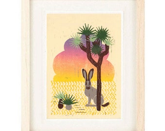 DESERT JACKRABBIT at Sunset Poster Size Linocut Reproduction Art Print: 8 x 10, 9 x 12, 11 x 14, 12 x 16, Wall Art, Desert Southwest Style