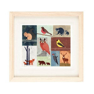 WOODLANDS ANIMALS - Birds, Owl, Fox, Raccoon, Squirrel, Robin, Bear, Woodpecker, Colorful Collage Linocut Illustration Art Print 14 x 12