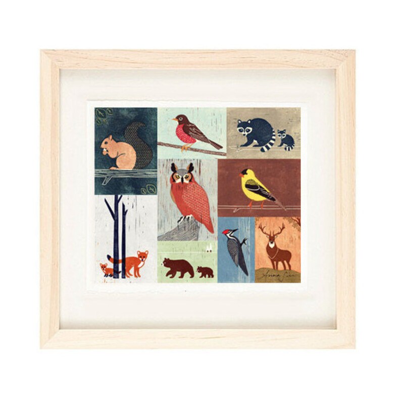 WOODLANDS ANIMALS Birds, Owl, Fox, Raccoon, Squirrel, Robin, Bear, Woodpecker, Colorful Collage Linocut Illustration Art Print 14 x 12 image 1