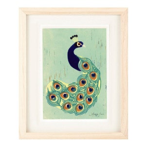 INDIAN PEACOCK Linocut Reproduction Art Print: 4 x 6, 5 x 7