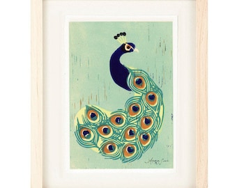 INDIAN PEACOCK Linocut Reproduction Art Print: 4 x 6, 5 x 7