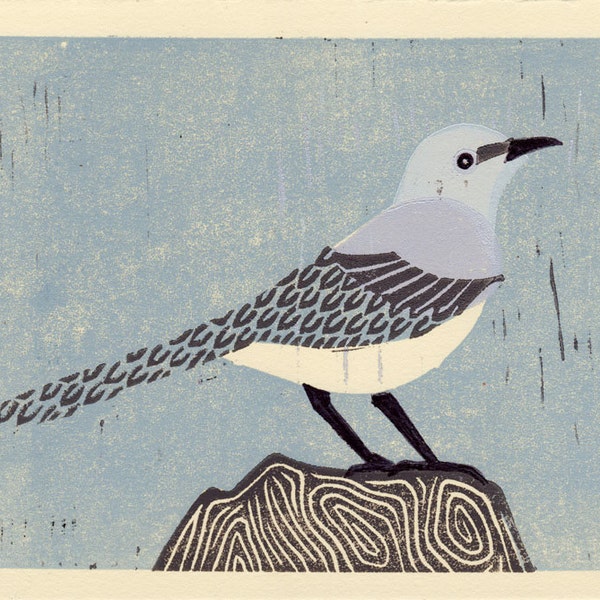 MOCKINGBIRD - Originale Linocut Olio a mano Vernice Art Block Stampa con Blu, Lavanda, Grigio, Blu chiaro, Camera Decor, Wall Art