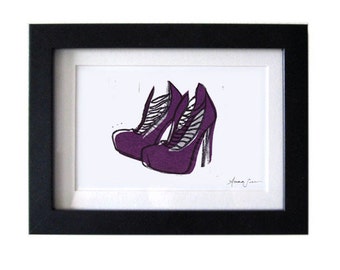 Brian Atwood púrpura LOLA zapatos originales tirados a mano Linocut Bloque Impresión 5 x 7